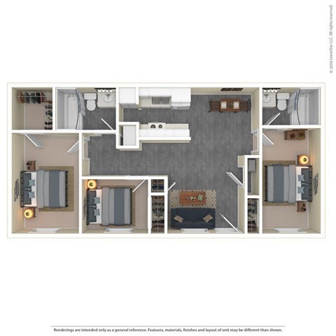 Floor plan for 3 beds, 2 baths, 1056 sqft